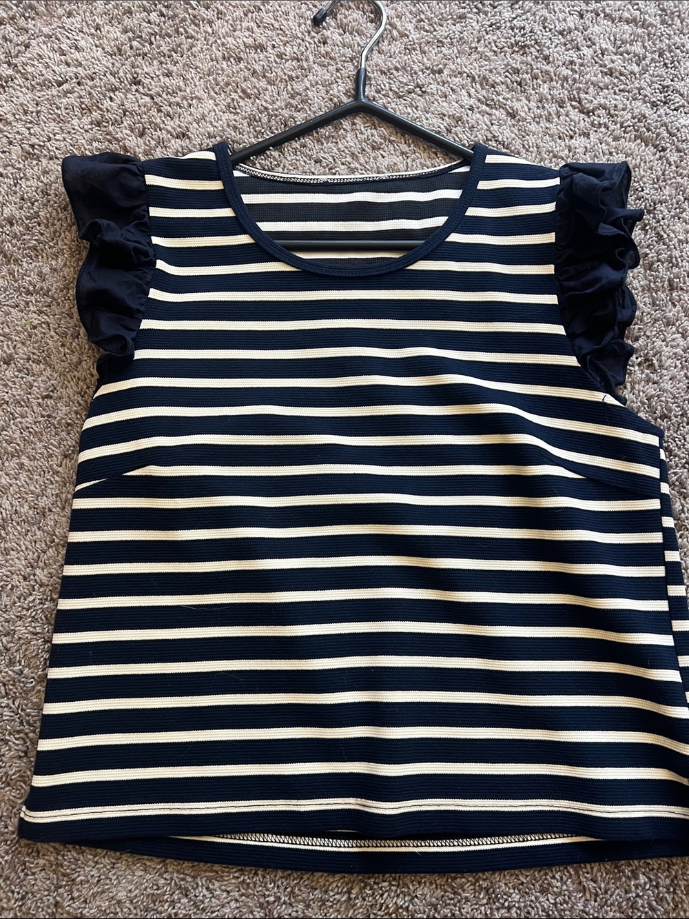 Hem & Thread Navy and White Striped Ruffle Sleeve Tank Top